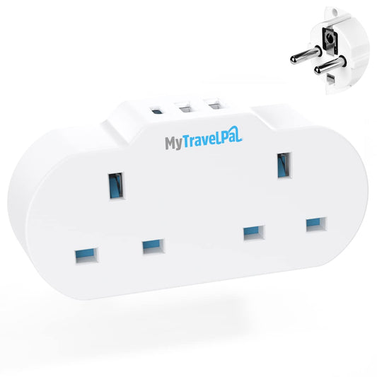 MyTravelPal UK to Europe Travel Adapter With USB & USB-C | 2 Way European Travel Adaptor Plug with UK Safety Standards | Double UK to EU Plug Adapter