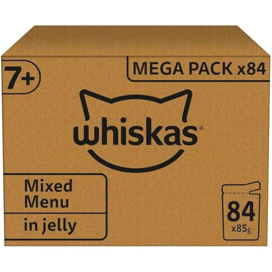 WHISKAS - 7+- Senior Wet Cat Food Pouches - 84 x 85 g - Mixed Selection in Jelly - Bulk Cat Food Megapack - 84 Pouches
