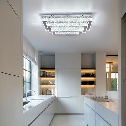 Finktonglan Modern Crystal LED Ceiling Light Fixture 20” Rectangular Flush Mount Chandelier Ceiling Lights 3-Tiers Stainless Steel Ceiling Lamp Fixtures for Living Room Dining Room(6500K Cool White)