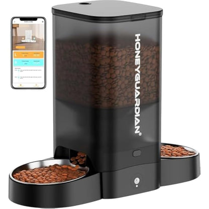 HoneyGuaridan Dual Automatic Cat Feeder APP Control, 2.4G WiFi Smart Pet Feeder for Remote Feeding, 5L Timed Cat Food Dispenser with Freshness & Clog-Free Function, Food Sensor for 2 Cats & Dogs