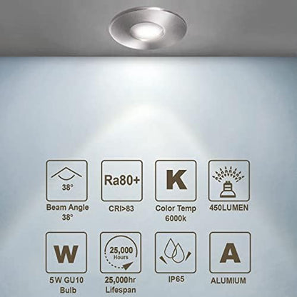 4XSweier LED Recessed IP65 Waterproof Downlight with LED GU10 Cool White 6000K GU10 Base for Bathroom and Kitchen Ceiling Spotlight, Downlight Cutout 68mm Non Dimmable
