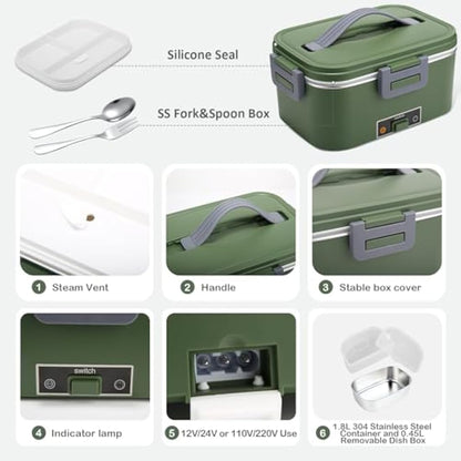 BYbrutek Electric Lunch Box 100W, 1.8L Removable Stainless Steel, 3-in-1 Portable Heated Lunch Box, 12V/24V/220V Insulated Heat Box for Car/Truck/Office/Home, with Insulated Bag and Sponge (Green)