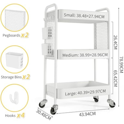 Urackify Storage Trolley on Wheels for Variety Applications, 3 Tier Trolley with Extra DIY Pegboards,Handing Bins, and Hooks for Living Room, Kitchen, Bathroom, Office, Classroom, White