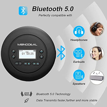 MONODEAL Bluetooth CD Player Portable, Rechargeable Compact Small CD Player with Headphones for Car and Personal Use