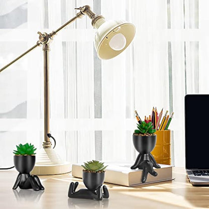 Dremisland Fake Succulents Plants Set of 3 Black Porcelain Pots with Small Artificial Plants Human Shaped Ceramic Pots Cute Faux Plant for Indoors Office Desk Shelf Decorations