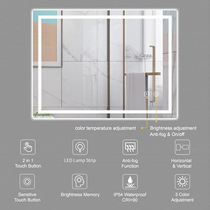Dripex Bathroom Mirror with LED Lights, 500 * 700 MM Illuminated Backlit Wall Mounted Vanity Mirror Dimmable Switch 3 Colors and Demister Pad, Horizontal/Vertical