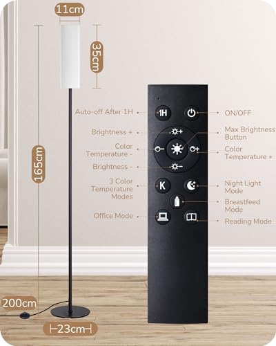 EDISHINE Floor Lamp, Standing Lamp with Wrinkled Linen Lampshade, Floor Lamps for Living Room, Bedroom, 165cm, E27 Socket(9W LED Dimmable Bulb Included), Magnetic Remote Control, Black