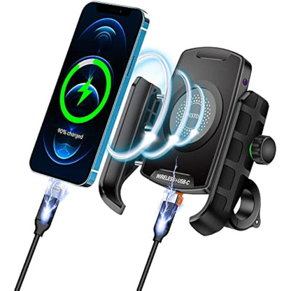 iMESTOU Motorcycle Wireless Phone Mount Charger QC3.0 USB C Handlebar/Rear-View Mirror Phone Holder Works with 12V/24V Motorcycles or by Plugging to USB A Socket Universal for 4.0-7.0" Cellphones