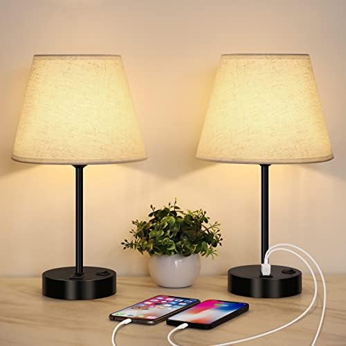 LIANTRAL Modern Bedside Lamps Set of 2, Small Desk Lamp with USB Charging Ports, Linen Fabric Shades & Metal Frame, Table Lamp for Bedroom, Living Room, Office - Creamy/Black