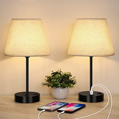 LIANTRAL Modern Bedside Lamps Set of 2, Small Desk Lamp with USB Charging Ports, Linen Fabric Shades & Metal Frame, Table Lamp for Bedroom, Living Room, Office - Creamy/Black