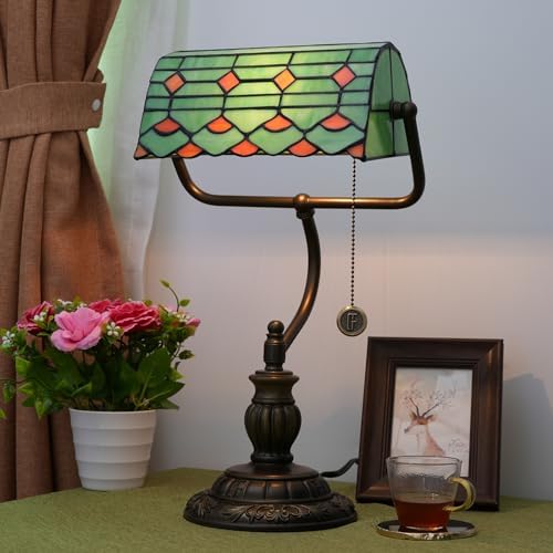 Blivuself Tiffany Style Green Banker Desk Lamp Red Stained Glass Lamps Vintage Bedroom Bedside Study Zipper Pull Chain Retro Office Adjustable Nightstand Aesthetic Antique Accent Reading Desk Light