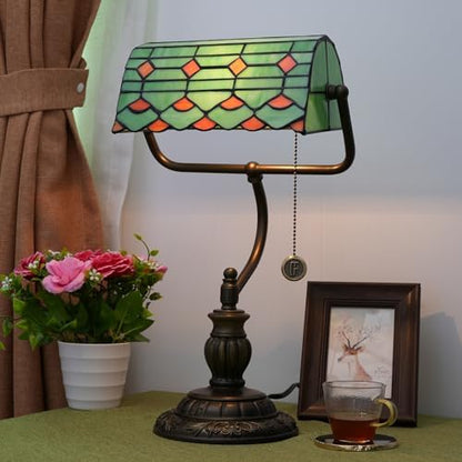 Blivuself Tiffany Style Green Banker Desk Lamp Red Stained Glass Lamps Vintage Bedroom Bedside Study Zipper Pull Chain Retro Office Adjustable Nightstand Aesthetic Antique Accent Reading Desk Light