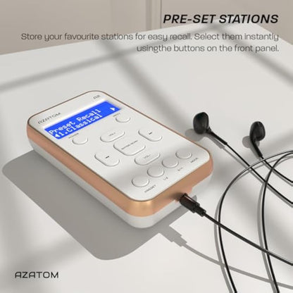 Portable DAB/DAB+ & FM Digital Radio | Sports Earphones Included | Clear Digital Display | Rechargeable Battery (10-12 Hours) | Perfect for Sports, Hiking or Working | AZATOM A2 (White/Rose Gold)