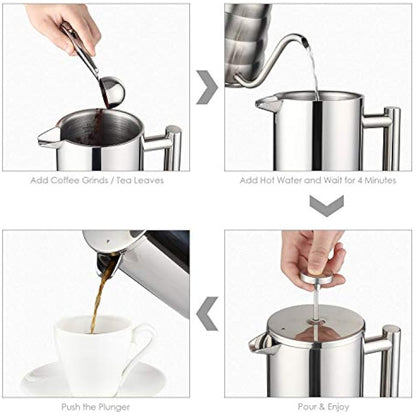 MaxMiuly Cafetiere Stainless Steel French Press Large Insulated Coffee Press, Double Wall Coffee & Tea Maker, 1.5L / 50 OZ-Bonus with Two Coffee Filter Screens(1500ml Silver)