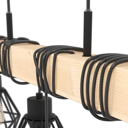 Eglo Pendant lighting Townshend 5, 6 light vintage hanging lamp in industrial design, retro ceiling light made of black metal and natural wood, FSC certified, E27