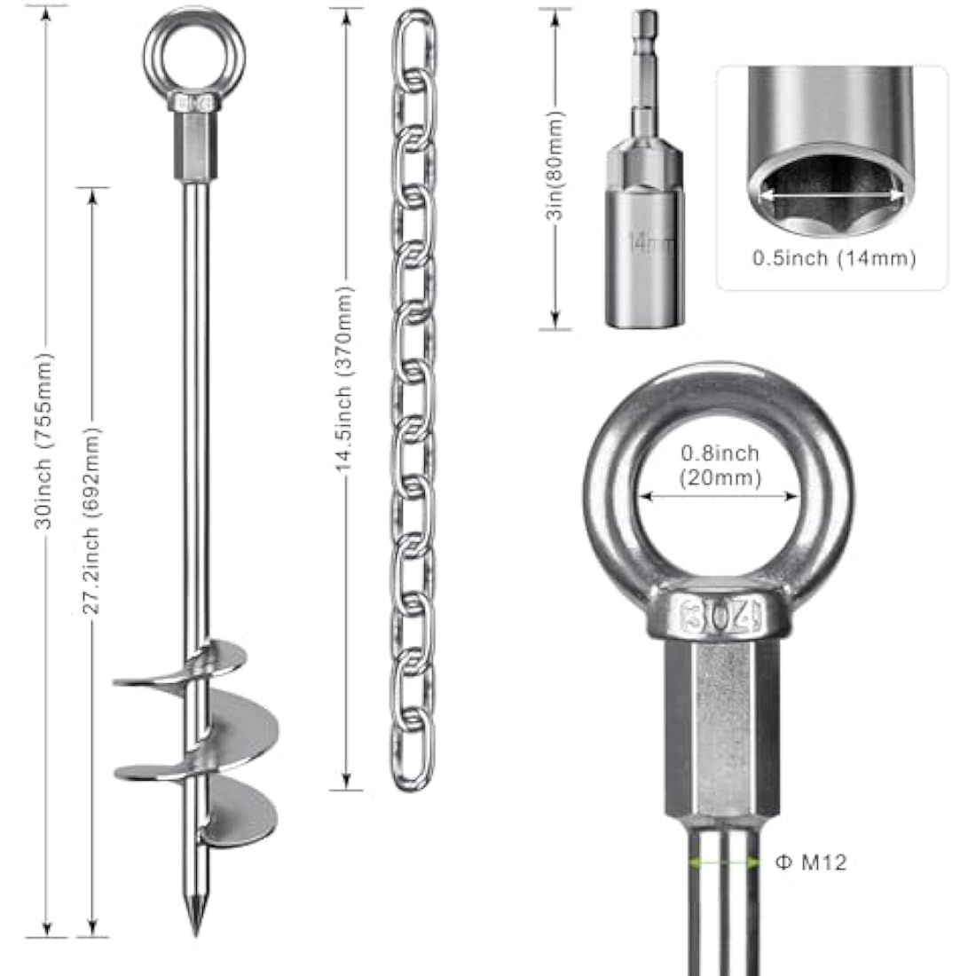 Insaga Tent Peg, 76cm Heavy Duty Ground Anchor Large Metal Earth Stake Spiral Blade Screw in Trampolines Spike for Swing Set/Camping/Shed/Dog/Carport with 37cm Fixed Chain, 4 Pack
