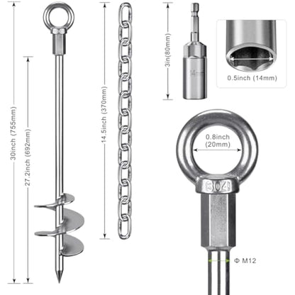 Insaga Tent Peg, 76cm Heavy Duty Ground Anchor Large Metal Earth Stake Spiral Blade Screw in Trampolines Spike for Swing Set/Camping/Shed/Dog/Carport with 37cm Fixed Chain, 4 Pack