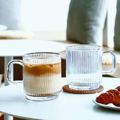 binsakao Glass Coffee Mugs 6 Pack - 340 ml Premium Coffee Cups with Handles - Classic Vertical Stripes Transparent Tea Cup Set for Hot Cold Beverages