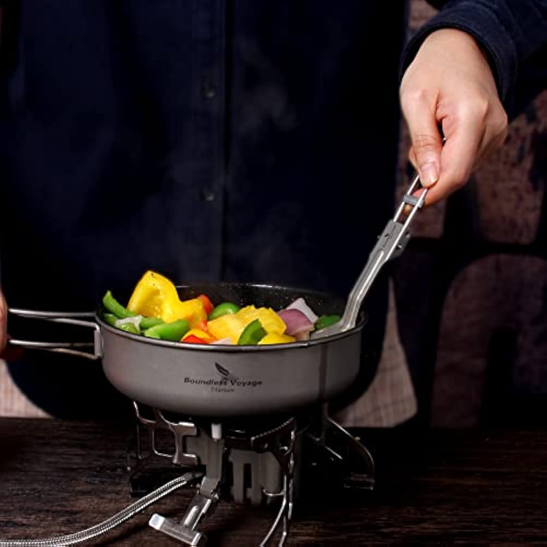 iBasingo 1000ml Titanium Frying Pan 19cm Camping Cookware with Lid & Folding handle Outdoor Lightweight Portable Griddle Hiking Skillet Dish Plate Bowl Kitchen Cooking Kit