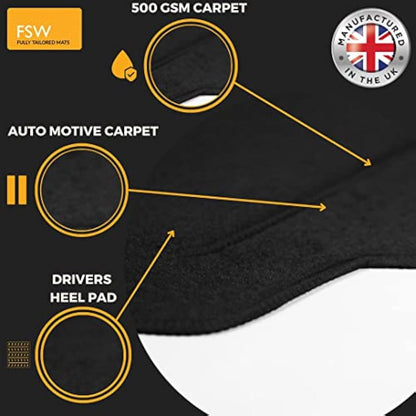 FSW - Tailored Mats - Fits FORD Ford Fiesta 2011-2017 MK7 - Black Carpet - Anti Slip Mat - Non Slip Car Floor Mat, Fitted With Clips & Granulated Backing - 4 Pc Floor Mat - 2 Clips