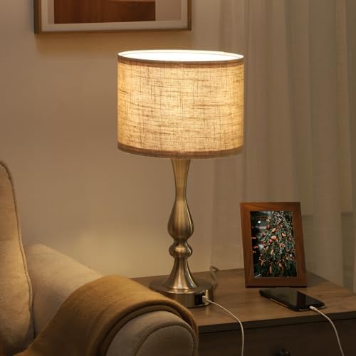EDISHINE Bedside Lamps Set of 2, 3 Way Dimmable Touch Lamp with USB Charging, Table Lamps for Living Room, Bedroom, Beige Linen Shade (LED Bulbs Included)