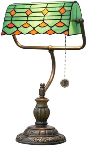 Blivuself Tiffany Style Green Banker Desk Lamp Red Stained Glass Lamps Vintage Bedroom Bedside Study Zipper Pull Chain Retro Office Adjustable Nightstand Aesthetic Antique Accent Reading Desk Light