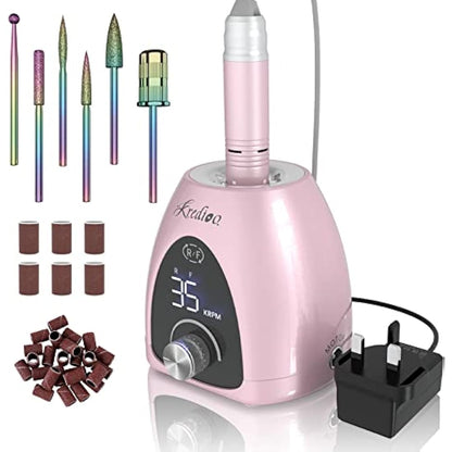 Kredioo Professional Electric Nail Drill Machine 35000RPM Electric Nail Files for Acrylic Nails Gel Nails Manicure Pedicure Salon E File Kit with Pause Button LED Display, 36W, UK Plug, Rose Pink