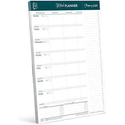 Perfect Planner Company - Magnetic Weekly Meal Planner Pad - A4 Tear Away Design - Perforated Shopping List - Calorie Tracker and Food Expiry Date - Teal - Portrait 50 Pages