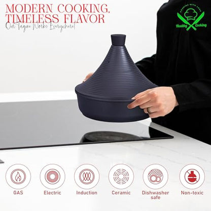 INTIGNIS® Tagine Cooking Pot | 28cm / 4.1 L | Large Casserole Dish | Nonstick Chemical Free Coating | Compatible with all Hobs | Traditional Moroccan Tender Slow Cook Tajin Pan (Black)