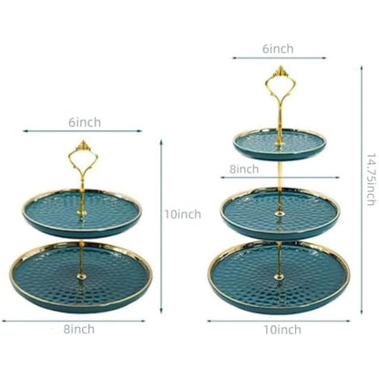 MEETOZ 2 Set of Round Porcelain Tiered Cupcake Stand, Dessert Plates Stand Tiered Serving Trays with Gold Rod, 3 Tiers and 2 Tiers Cake Stand Party Serving Trays Fruit Pastry Holders(Green)