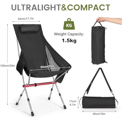 OKYUK New Foldable Camping Chair-High Back Support, 2 Storage Pouches, Adjustable Height, Lightweight Carry Bag – Perfect for Outdoor Adventures, Hiking, Beach Lounging, and Fishing Trips(Black)