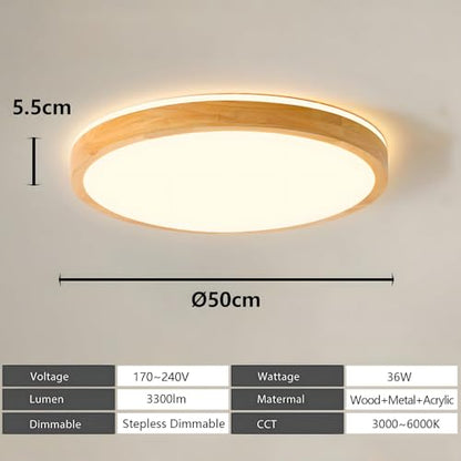 YYUTLUO LED Ceiling Light Wood, Top 360 Glow Round Natural Wooden Lamp | Dimmable with Remote Control 2700K-6500K, 36W | Living Room, Dining Room,