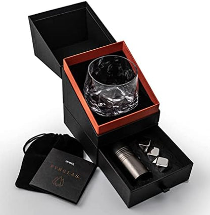 Whisky Glass Gift Set - Unique Luxury Welsh Whiskey Glass Tumbler UK Design with Cocktail Measure and Cooling Cubes