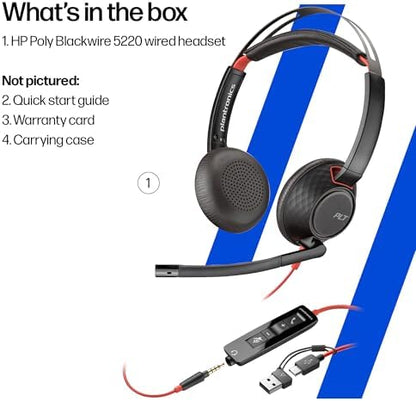 Poly Blackwire 5220 Wired Headset - Flexible Noise-Canceling Boom Mic - Ergonomic Design - Connect to PC/Mac, Mobile via USB-C, USB-A, or 3.5 mm - Works w/Teams, Zoom