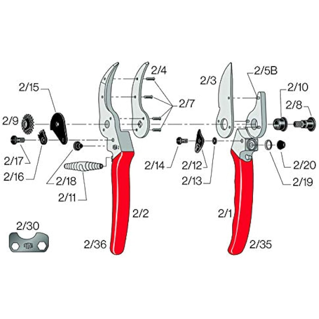 FELCO 2 Pruning Secateurs – 25 mm Cutting Diameter, for Large Hands, 215 mm Length, with Sap Groove, Straight Handles, Red