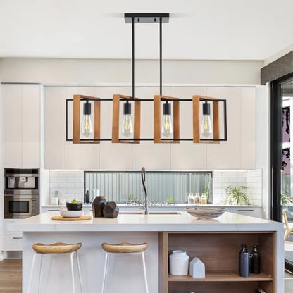 Mikeru Farmhouse Pendant Light, 4 Light Black Metal Industrial Pendant, 80cm Vintage Wooden Pendant, Height Adjustable Indoor Lighting Fixtures for Kitchen Island, Dining Room, Cafe