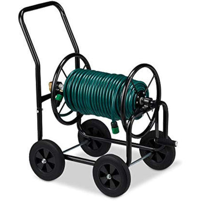 Relaxdays Hose Cart Metal, 4 Rubber Wheels, XL Garden Hosepipe Trolley, Crank, Holds 60 m, HWD 81 x 48 x 80 cm, Black, Steel
