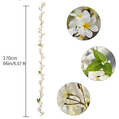 JUSTOYOU 2 Pcs 5.7FT Artificial Sakura Cherry Blossom Flowers Hanging Vine Fake Sakura Garland Fake Oriental Cherry Wreath Home Garden Party Wedding Decor (Cherry White, 2 PCS)