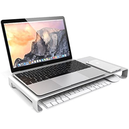 Desire2 Monitor Stand Riser, Silver Aluminium Metal Desk Shelf, Designed for iMac Stand, Macbook, Laptop Screen Riser, Slim Computer Stands, Printer, Office Organisation, Computer Accessories for Desk