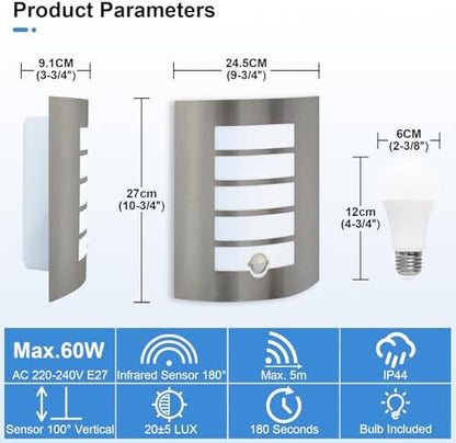 Allesgute Outdoor Wall Lights with PIR Motion Sensor, Curved Outside Light Mains Powered Stainless Steel IP44 Waterproof Wall Lamp Incl. 12W E27 LED Bulbs Warm White for Front Door Porch Stairway