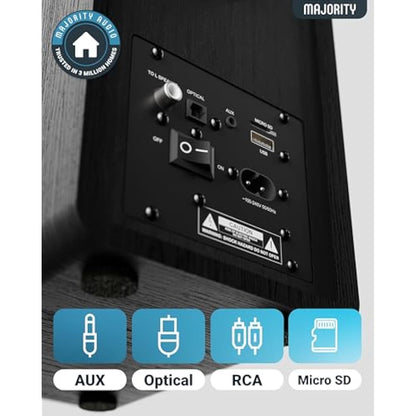 MAJORITY D40 | Active Bluetooth Bookshelf Speakers | Amplified HiFi Speakers with 60W 2.0 Channel 4" Drivers | Powered Studio Loudspeakers with Optical, RCA, USB & AUX Input | Remote Control Included