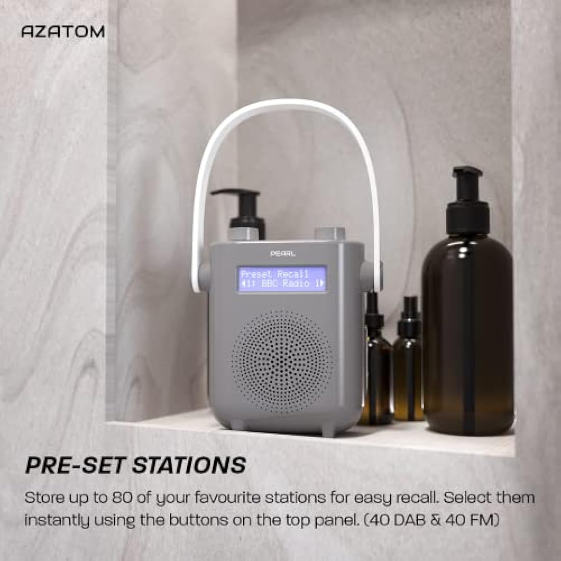 DAB/DAB+ & FM Digital Shower Radio | Bluetooth | IPX5 Waterproof Technology | Rechargeable Battery | Perfect for Home, Bathroom or Outdoors | AZATOM Pearl (Grey)