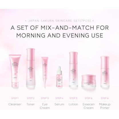 LAIKOU Japan Sakura Skincare Set, Luxury Facial Kit for Women Teenage Girls, Moisturizing & Anti Aging Skincare Gift Set - Cleanser, Toner, Lotion, Serum, Eye Cream, Face Cream, Makeup Primer, 7pcs