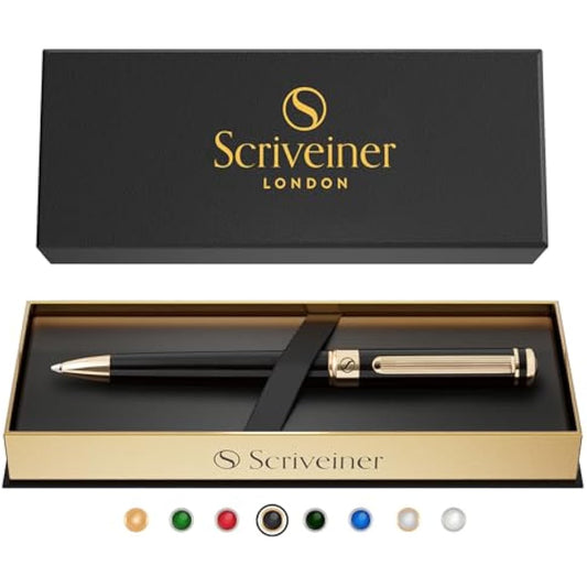 Scriveiner Black Lacquer Ballpoint - Stunning Luxury Pen, Real Gold Plating, Schmidt Black Refill, Best Ball Pen Gift Set for Men & Women, Professional Executive Office, Nice Fancy Designer Pens