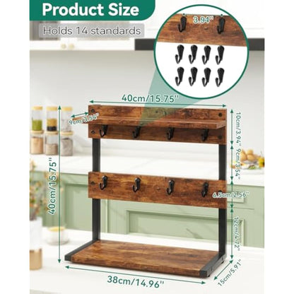 IBUYKE Rustic Coffee Mug Holder Stand, 2 Tier Countertop Mug Tree Holder Rack with Storage Base, Vintage Mug Holders for Kitchen, Holds 8 Mugs, Rustic Brown TBJ002H