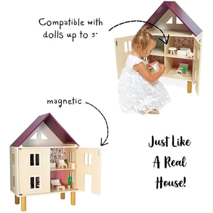 Janod - Twist Wooden Dollhouse - 11 Wood Accessories - Doll Furniture - Magnetic Doors - FSC Wooden Toy - 3 Years +, J06617