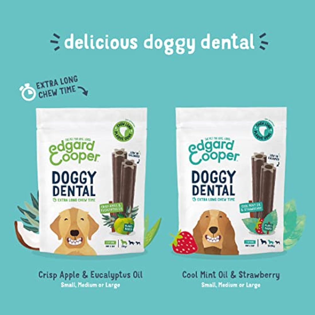 Edgard Cooper Treats Dental Stick, Large - Eucalyptus & Apple - (8 x 7 stick pack), Natural Dog Chew Sticks, Dental Hygiene, One per Day, Low Calorie, Long Chewing, Fresh Breath