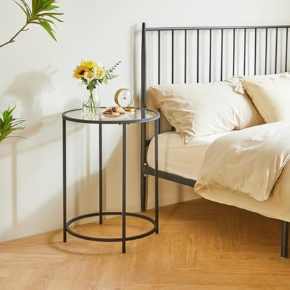 YMYNY Round Side Table, 2 Tier Accent Table, Tempered Glass End Table, Small Coffee Table, Sofa Table, Bedside Table, Modern Style, for Living Room, Bedroom, Balcony 50×50×65CM Black HGD020B