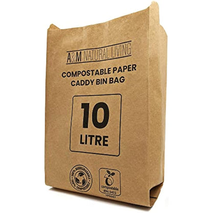 A&M Natural Living 150 x 10 Litre Paper Food Waste Caddy Bin Liners Bags, 100% Compostable And Biodegradable Sustainable Brown Paper Sack Pack, EN13432 Certified (150 Bin Bags)