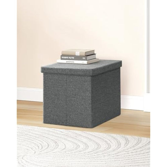 Bonlife Grey Ottoman Coffee Table,Toy Storage Box with Lid,Foldable Stool Seat Footstool with Storage,for Living Room,Bedroom,40.5x38.5x38cm